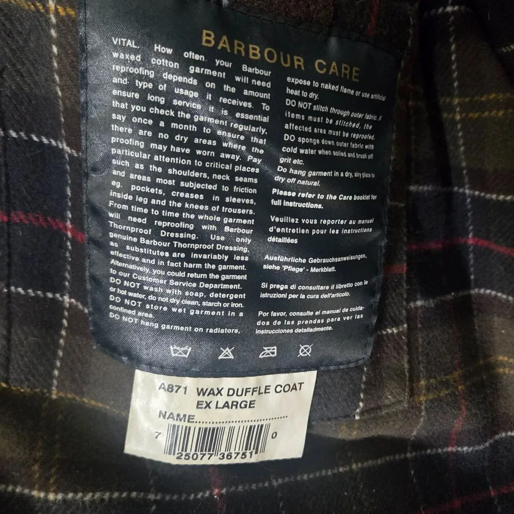 Barbour A871 Wax Duffle Coat Mens XXL Brown Full Zip Embroidered Waxed Hooded